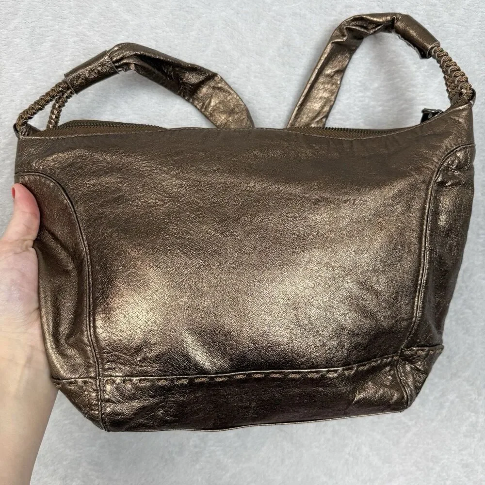 The Sak Leather Hobo Bag Metallic Bronze Brown Shoulder Purse Slouchy Boho Indie